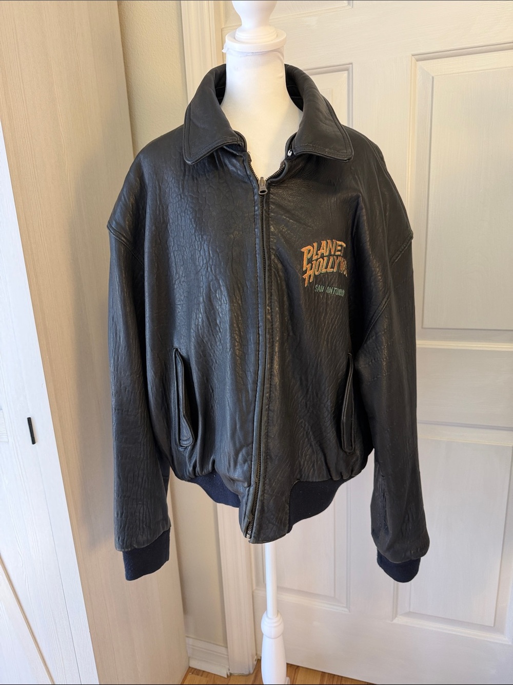 Planet Hollywood Embroidered Reversible Leather Jacket Orange & Green Logo SzXL
